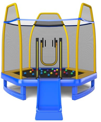 SPOTRAVEL 7FT Kids Trampoline, 3-in-1 Fitness Trampoline Set with Safety Enclosure, Slide & Ladder, Outdoor Toddler Jumping Bounce House for Yard, Garden & Gym(Blue + Yellow)
