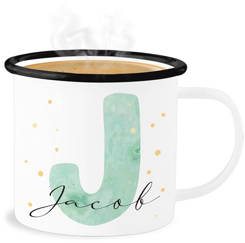 Emaille Becher Blechbecher - Tasse - Anfangsbuchstabe Personalisierbar mit Namen | Geschenk mit Initialen | Initialbuchstabe und Name individuell kombinierbar - 300 ml - Weiß Schwarz
