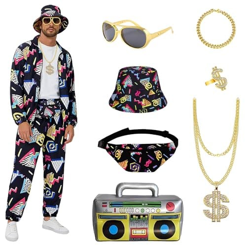 Lalieffacely Disfraz Años 80 y 90 Hombre, 9 Pcs Disfraces Carnaval Hombre, Disfraz Chandal Años 80 Hombres con Collar Radio Inflable, Sombrero y Mmás, Disfraces Carnaval para Carnavals (XXL)