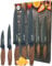 Taylors Eye Witness 5pc Walnut Look Presentation Knife Set - Brooklyn Anti-Bacterial Non Stick Blue Blades. Paring, All-Purpose, Chefs, Serrated Bread & Carving Knife with Bonus Knife Sharpener