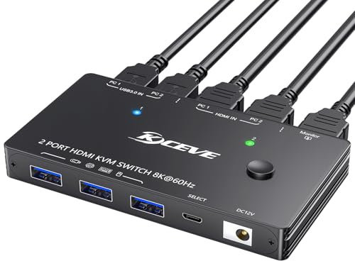 YOUTINGHDAV KVM Switch 2 PC 1 Monitor 8K@60Hz 4K @120Hz, USB 3.0 KVM Switch HDMI 2.1 HDCP 2.3 para 2 ordenadores comparten teclado ratón con cable remoto