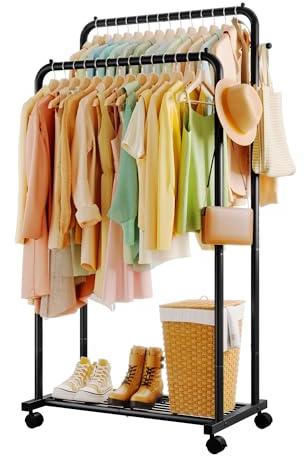 Sakugi Clothes Rack - Double Rods Clothing Rack with Mesh Shelf, Hooks & Wheels, Metal Clothing Racks for Hanging Clothes & Bags, Multifunctional Garment Rack for Laundry, Black, 28.7 x 16.5 x 59.1