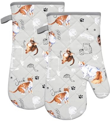 Oven Gloves Gauntlet Set of 2, Grey with Playful Cat Print Design, Heat Resistant Mitts for Kitchen Cooking, Baking, Grilling, and BBQ - Perfect New Home, Birthday