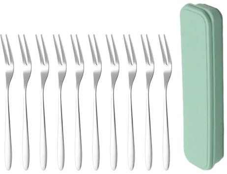 10 Fourchettes À Fruits En Acier Inoxydable, 1 Boîte De Rangement Pour Couverts, Fourchette À Fruits À Deux Dents, Fourchette À Gâteau À Dessert, Fourchette À Fruits Réutilisable