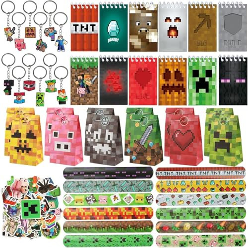 EKKONG Miner Party Bag Fillers, 98 PCS Miner Birthday Supplies with Keychain Stickers Slap Bands PartyBags Notebook, Gamer Party Favours, Game Party Birthday Decorations for Kids