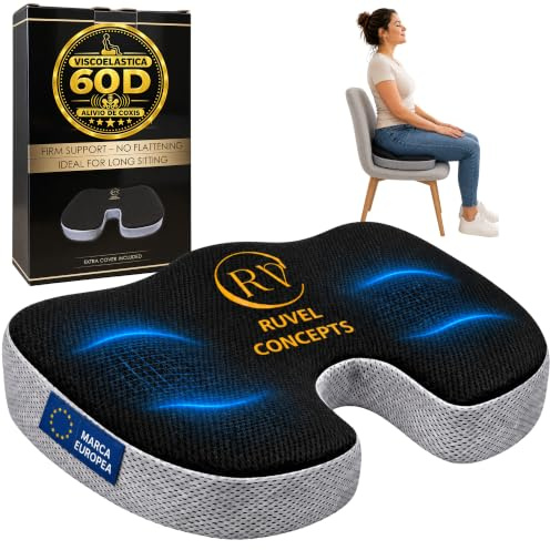 CRV RUVEL CONCEPTS Cojín Antiescaras Viscoelástico para Coxis, Cojín Silla Oficina Ergonómico con Espuma 60D, Funda 3D Transpirable y Funda Extra, Base Antideslizante para Coche y Casa