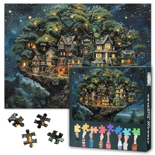 Baumhaus 1000-teiliges Puzzle für Erwachsene - Enchanted Treehouse Village Under a Starry Sky, Premium 1000pc Puzzles für Erwachsene (Puzzles 1000 Pieces Fantasy Landscape Art Jigsaw) 27.5 x 19.6