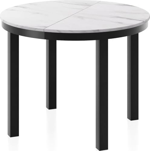Runder Ausziehbarer Esstisch mit Schwarzem Metallgestell – Tisch mit Schwarzen Metallbeinen im Loft-Stil – Platzsparender Tisch für Wohnzimmer, Esszimmer oder Küche – Weißer Marmor – 100 bis 180 cm