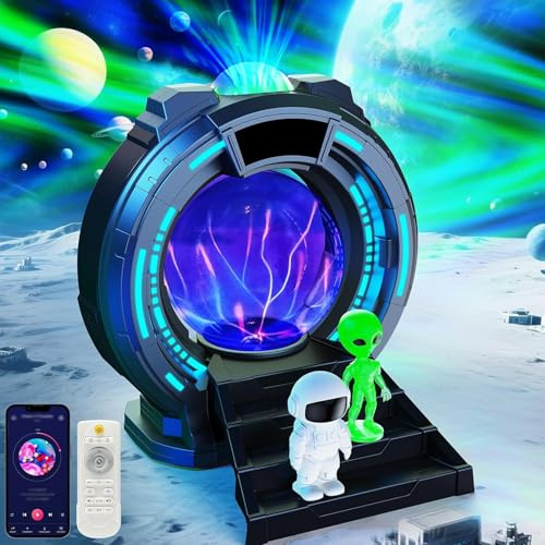 AONESY Aurora Projector with Plasma Ball, 8-in-1 Sci-Fi Gateway Galaxy Projector with Astronaut & Alien Figurines, Space Star Galaxy Night Light Bluetooth Speaker, Alarm Clock, White Noise