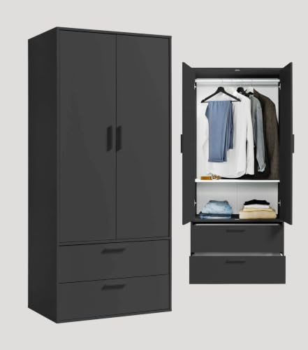 mokebo Kleiderschrank 'Der Kleiderheld' (80x180x51 cm) Made in Germany, Garderobenschrank, Flurschrank, Schlafzimmer & Ankleidezimmer, mit 2 Schubladen & 2 Einlegeböden aus Holz in Anthrazit Schwarz