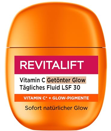 L'Oréal Paris Vitamin C Fluid, Getönt & mit LSF 30, tägliche Feuchtigkeitspflege für strahlenden Teint, gegen Falten sowie UVA- & UVB-Strahlen, leichtes Glow-Fluid, Revitalift, 1 x 40ml
