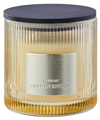 BUTLERS Duftkerze Glas - SUPREME - Brenndauer 34h | Duftrichtung Weiße Blüten & Ozean - ø10 x H11 cm - Aromakerze für Raumbeduftung - Wellnesskerze mit Holzdeckel