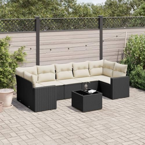 Tonture 8-TLG. Garten-Sofagarnitur Schwarz aus robustem Poly Rattan, mit bequemen Kissen, Glas-Tisch, modulares Design für Balkon, Terrasse und Außenbereich