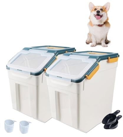 NBYTLT 2 Pcs Loads 15kg Plastic Food Storage Container Box with Scoop & Wheels, Large Airtight Pet Food Bin,Container for Treats Rice,Pet Dry Food Bin,Baking Supplies,Flour,Rice,Kitchen Pantry Cereal