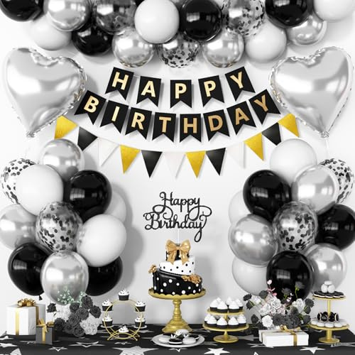 Luftballons Geburtstag, Set Deko für Geburtstage, Schwarz, Weiß, Pailletten-Schwarz, Metallic-Silber Latexballons für Partys, Silberner herzförmiger Folienballon für Hochzeit Dekoration