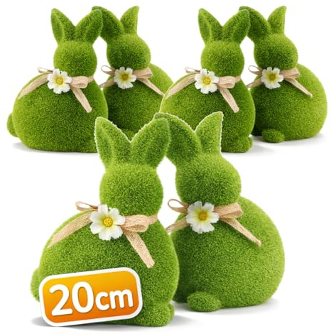 com-four® 6X Dekofigur - Osterhase mit Schleife und Blumen - grüne Hasenfigur aus Keramik - Dekofiguren für Frühling und Ostern - Hasenpaar mit Kunst-Gras überzogen - Osterdeko (6X Hase 20cm)