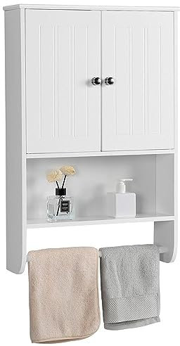 Yaheetech Armoire Murale Suspendus de Salle de Bain 48,5 × 14 × 73 cm, Armoire de Toilette avec Étagère Réglable, 2 Portes/Compartiment Ouvert/Porte-Serviette Blanc