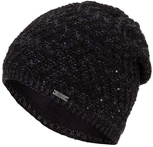 Faera Wintermütze Mütze Damen Pailletten warm gefüttert Wintermütze Mädchen Frauen Fleecefutter Winter Strickmütze Beanie, Farbe:Schwarz