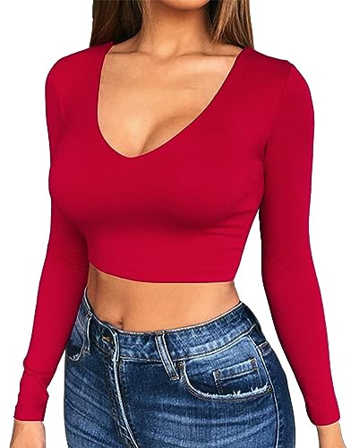 Artfish Women Long Sleeve Stretchy Crop Top Sexy Slim Fitted Shirts - Red - 8/10 UK M