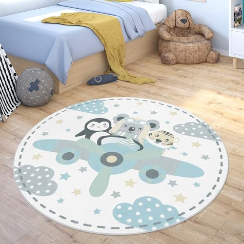 Paco Home Teppich Kinderzimmer Kinderteppich Waschbar Junge Mädchen Spielteppich Rund Modern Pastell, Grösse:160 cm Rund, Farbe:Beige