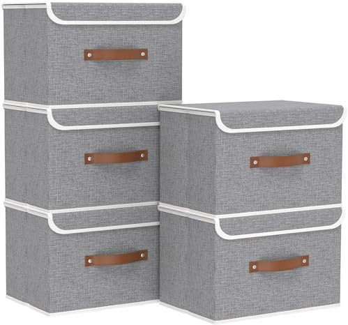 Yawinhe Storage Boxes with Lids 5 Pack, Collapsible Storage Bin with Handle, for Organizing Clothes, 45x30x30cm, Grey, SNK018GY-L-5