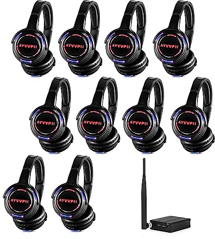 AYVVPII Wiederaufladbare, kabellose Disco-Kopfhörer, RF-LED-Blinklicht, Headset, 10 Kopfhörer und 1 Sender, 500 m Entfernung