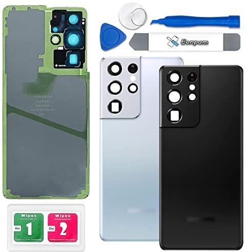 Eonpam Back Cover Glass for Samsung Galaxy S21 Ultra 5G G998 Rear Glass Replacement with Camera Lens + Repair Kit Genuine Rear Housing (Black)