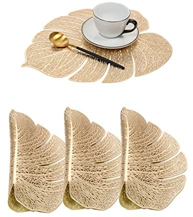 Hosoncovy 4er Pack Turtle Leaf dekorative Tischsets Blatt Tischset PVC Tischsets Hohl Tisch Tischsets Hitzebeständige rutschfeste ESS-Tischsets für die Hochzeit in der Küche zu Hause (Gold)
