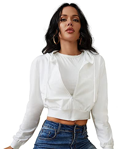 Women's Casual Long Sleeve Zip Up Drawstring Crop Top Hoodie