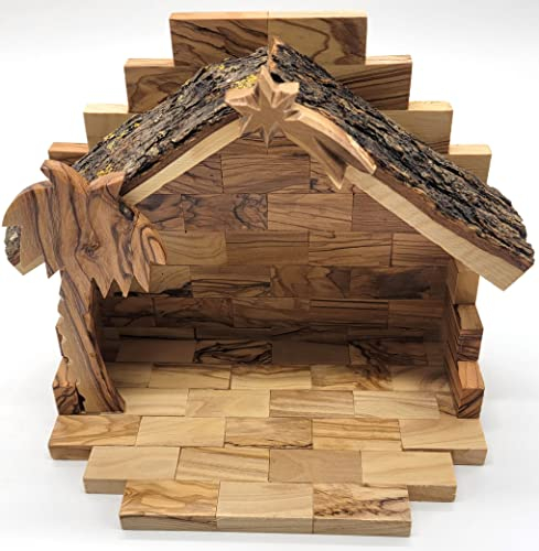 Olivenholz Krippenstall – 21 x 10 x 16 cm – Natürliches Rindendach | Handgefertigt aus Bethlehem Olivenholz NAT110