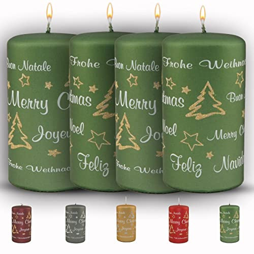 WikaKerzen bezaubernde Weihnachtskerze für Adventskranz - 4er Set 13x7cm - Merry Christmas -Glitzer Stumpenkerze aus hochwertigem Paraffinwachs mit Baumwolldocht - Adventskerze RAL zertifiziert (Grün)