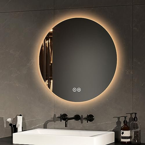 EMKE Specchio Bagno Rotondo con Luce 50 cm, Specchio Bagno LED con Interruttore Tattile Luce Bianca Fredda 6500K / Luce Calda 3000K / Luce Neutra 4000K (Tipo 2)