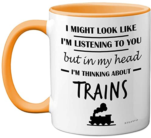 Stuff4 Steam Train Gifts for Men, in My Head I'm Thinking About Trains Mug | Funny Gifts for Spotting Enthusiasts, Spotter 11oz Ceramic Yellow Handle Premium Mugs Novelty Cup