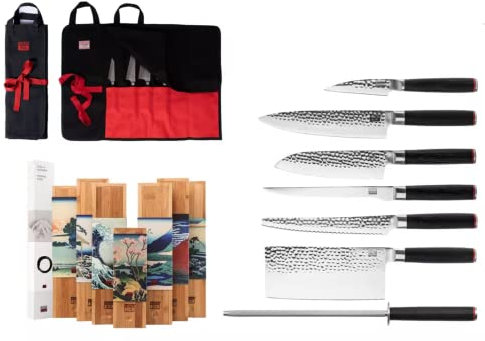Le Set Complet Nomade 8 pièces : 6 couteaux (couteau d'office + santoku + gyuto + filet de sole + couteau à pain + hachoir) + trousse à couteaux 100% coton + fusil à aiguiser