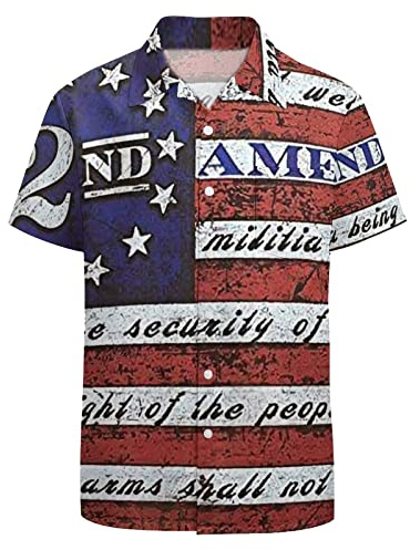 GADZILLE American Flag Button Up Shirt for Men USA Patriotic Hawaiian Shirt Striped Aloha Shirt, American Flag Blue, XXXL