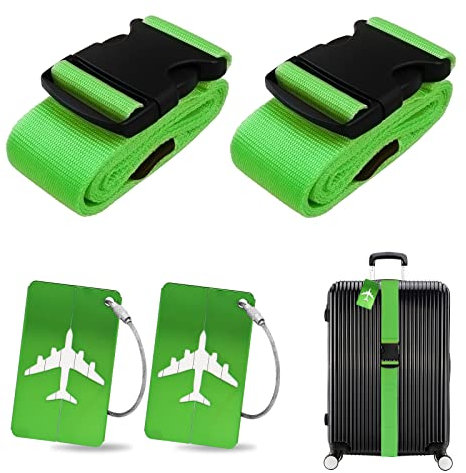 Koffergurt Kofferanhänger Set, 2 Stück gepäckband mit 2 Stück Gepäckanhänger Set, Kofferband Gurt Personalisierte Identifikation für Schnell erkennen Gepäck Reisetasche Koffer (Grün)