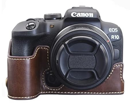 MUZIRI KINOKOO EOS R10 Protective Case PU Leather - Compatible for Canon EOS R10 Mirrorless Camera - Half Bottom Case with Grip Design - Coffee
