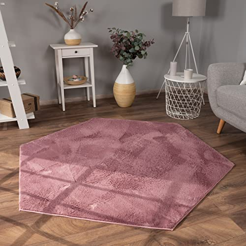 Paco Home Hochflor Teppich Wohnzimmer Flauschig Fellteppich Kunstfell Plüsch Shaggy Weich Fellimitat, Grösse:150x170 cm Sechseckig, Farbe:Lila Rosa
