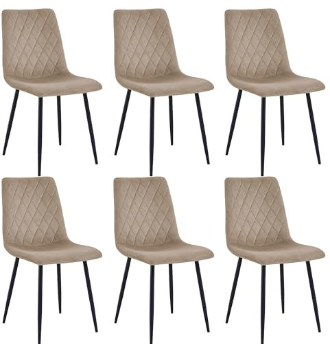 Esszimmerstühle 6er Set Beige – Samt Gepolstert mit Rautensteppung – Metallbeine Schwarz – Inkl. Handwischmopp Geschenk – Modern & Bequem für Küche & Wohnzimmer
