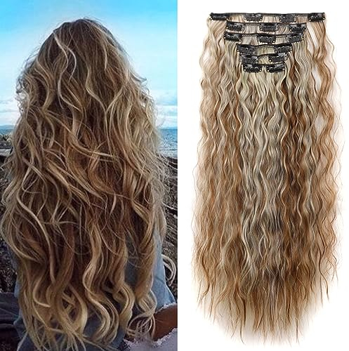 Cybelleza Clip in Extensions Kunsthaar Gewellt 6PCS 50cm Haarverlängerung Haarteil Clips Haarverdichtung Synthetik Dicke Haarextension Wellig Lang Clip in Haarteil für Frauen, Braun & Blond