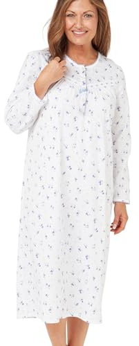 Marlon Women's Jessica Nightie - Classic Long Sleeve Jersey Nightdress For Cosy All-Year Comfort & Easy Dressing with Short Buttoned Opening, Penny Blue, 20-22