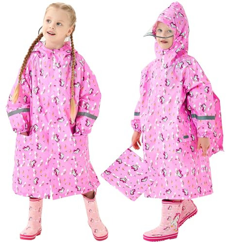 Domueay Chubasquero para Niñas Poncho Impermeable Ligero Lindos Unicornio Poncho de Lluvia con Capucha y Rayas Reflectantes Plegable Reutilizable Chaqueta Impermeable 3-5 años, Rosa