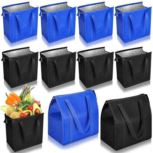 Locmeo 10 sacchetti isolati grandi per la spesa, riutilizzabili, per la spesa, termici, termici, con cerniera sulla parte superiore per la consegna di cibi caldi e freddi, frigoriferi e pizza, blu e