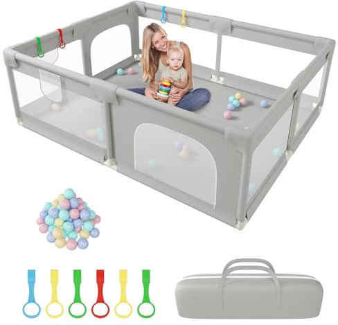 Laufstall Baby, 200x160 CM Extra-großes Laufstall für für drinnen und draußen,Kinder Laufstall mit weichem atmungsaktivem Netz, inklusive 50 Bällen, 6X Zugringen