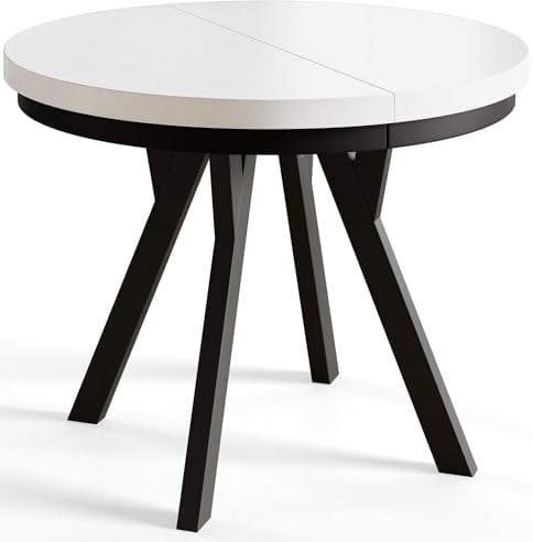 AlpiMeble Runder Esszimmertisch EVO, ausziehbarer Tisch Durchmesser:100 cm bis 200 cm, Wohnzimmertisch Farbe: Weiß, mit Holzbeinen in Farbe Schwarz