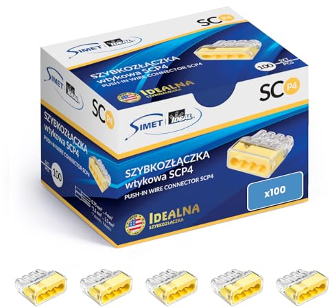 SIMET Verbindungsdosenklemme für Drähte (0,75-4 mm²), 4 - Leiter, Packung mit 100 Stück, transparent/gelb, zum Anschluss an Abzweigdosen, Gehäuse und starre Elektroverteiler
