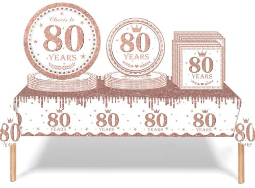 53Pcs Rose Gold Happy 80th Birthday Party Tableware Set - Plastic Table Cloth, Paper Plates, Napkins - Birthday Table Decorations Disposable Kit for Women Girl Her