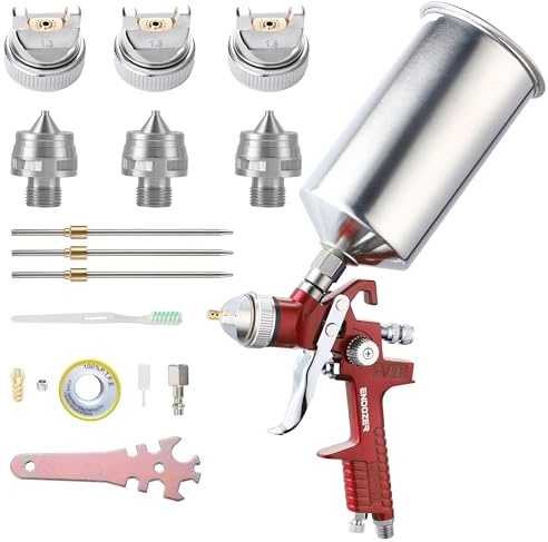 ENDOZER Professionelles HVLP Schwerkraftzufuhr-Luftspritzpistolen-Set mit 1,3 / 1,5 / 1,8 mm Düsen, Farbpistole mit 1000 cc Aluminiumbecher für Autolack, Wandmalerei, Basisbeschichtungen, Rot - 1,3
