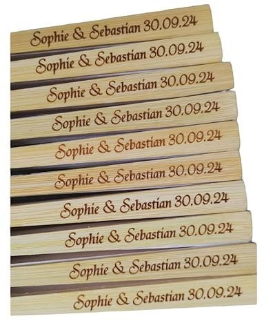 Silk Fabric Personalised Hand Fan with Custom text Engraved on the Rib Customised Fans with Tassel for Wedding Party Anniversary guest event Favour (Pack of 10)