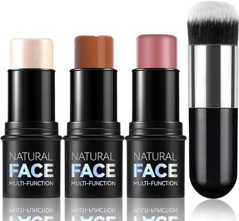 Ledeak 3 Piezas Contorno Iluminadores Colorete Barra, Larga Duración Ligero Highlighter Blush Contour Stick, Luminoso Textura Cremosa Juego de Barras Maquillaje con Cepillo para Todo Tipo de Piel